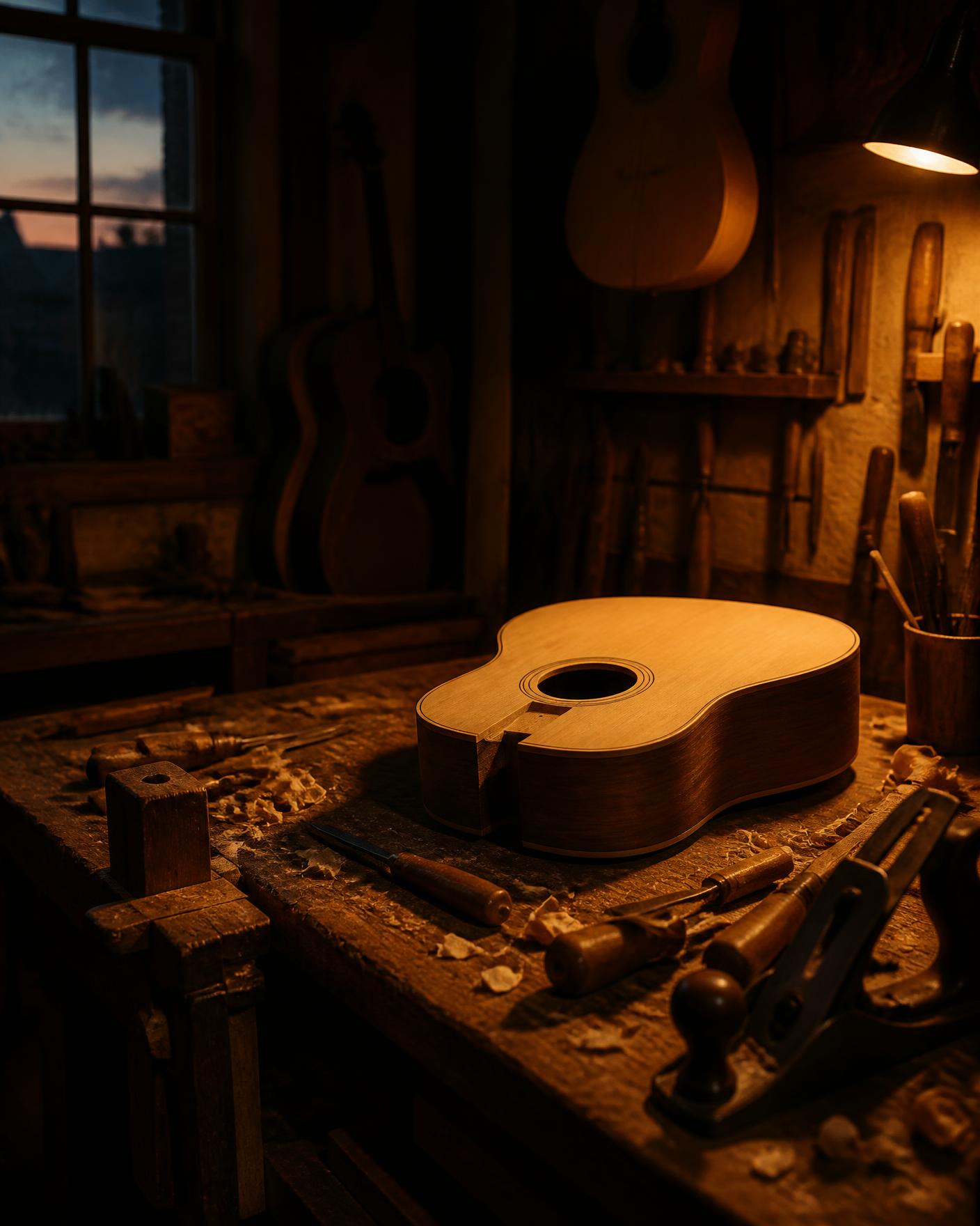 Bancada da oficina de luthieria do Luthier Paulão em São Paulo