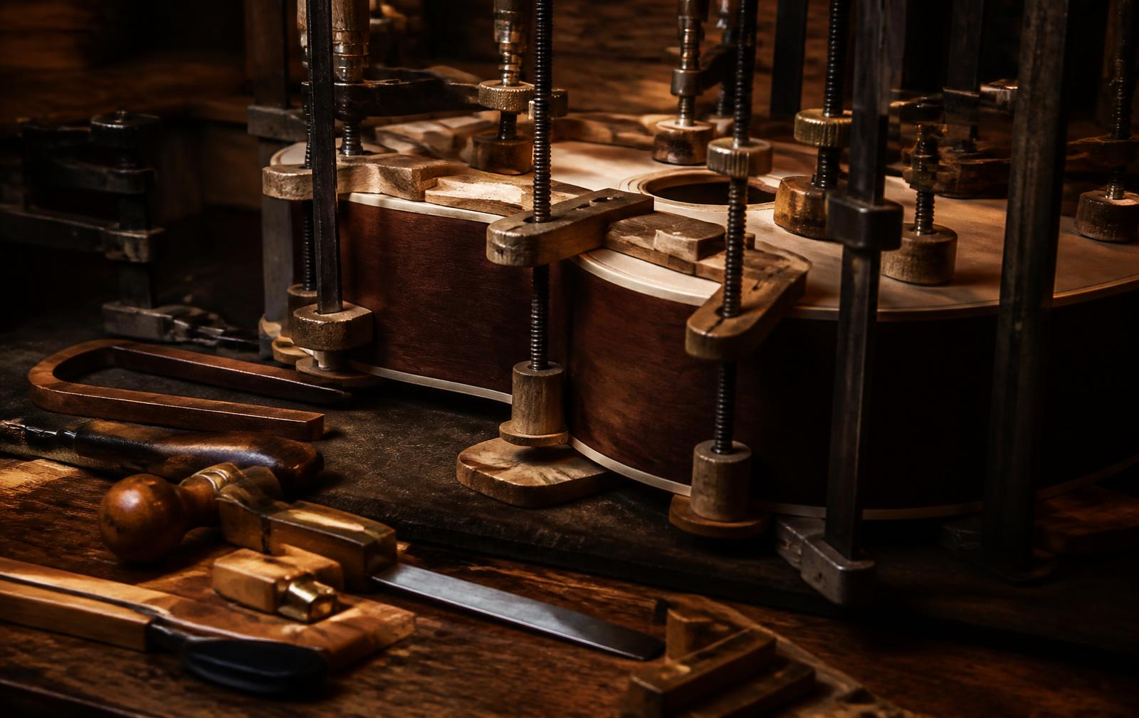 Ferramentas e grampos utilizados no reparo de instrumentos de cordas